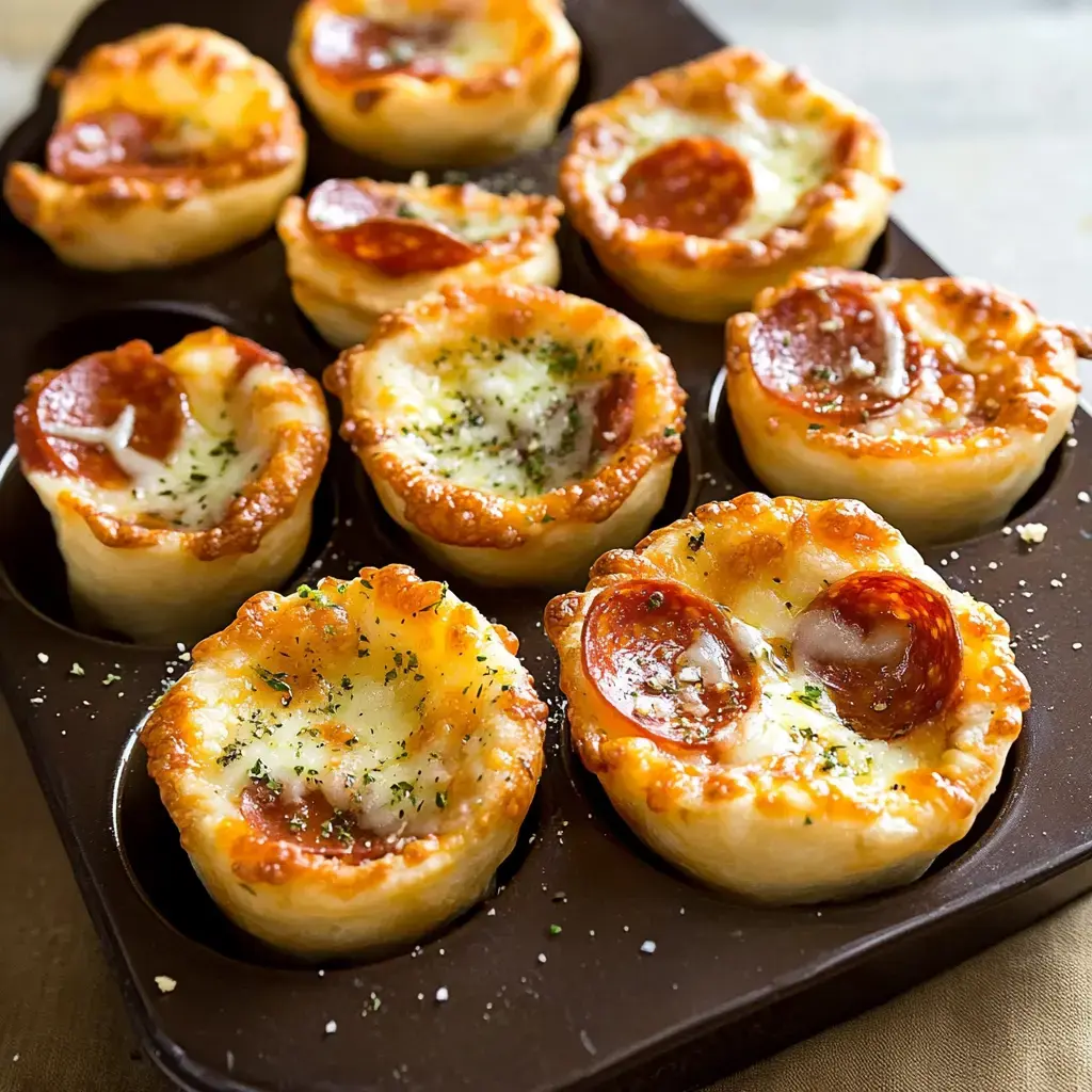 A tray of mini pizza cups topped with cheese and pepperoni, garnished with herbs.