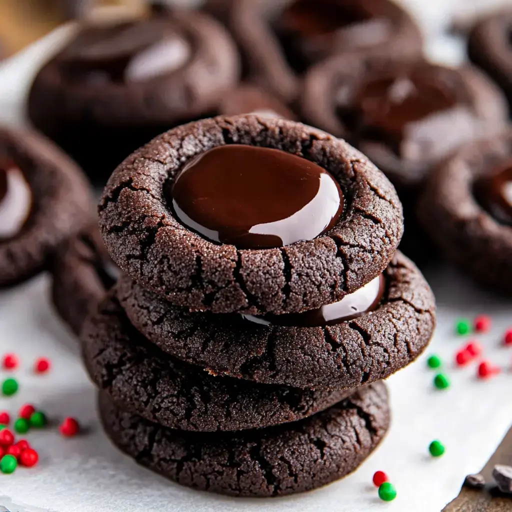 A stack of chocolate cookies with a glossy chocolate center, surrounded by colorful sprinkles.