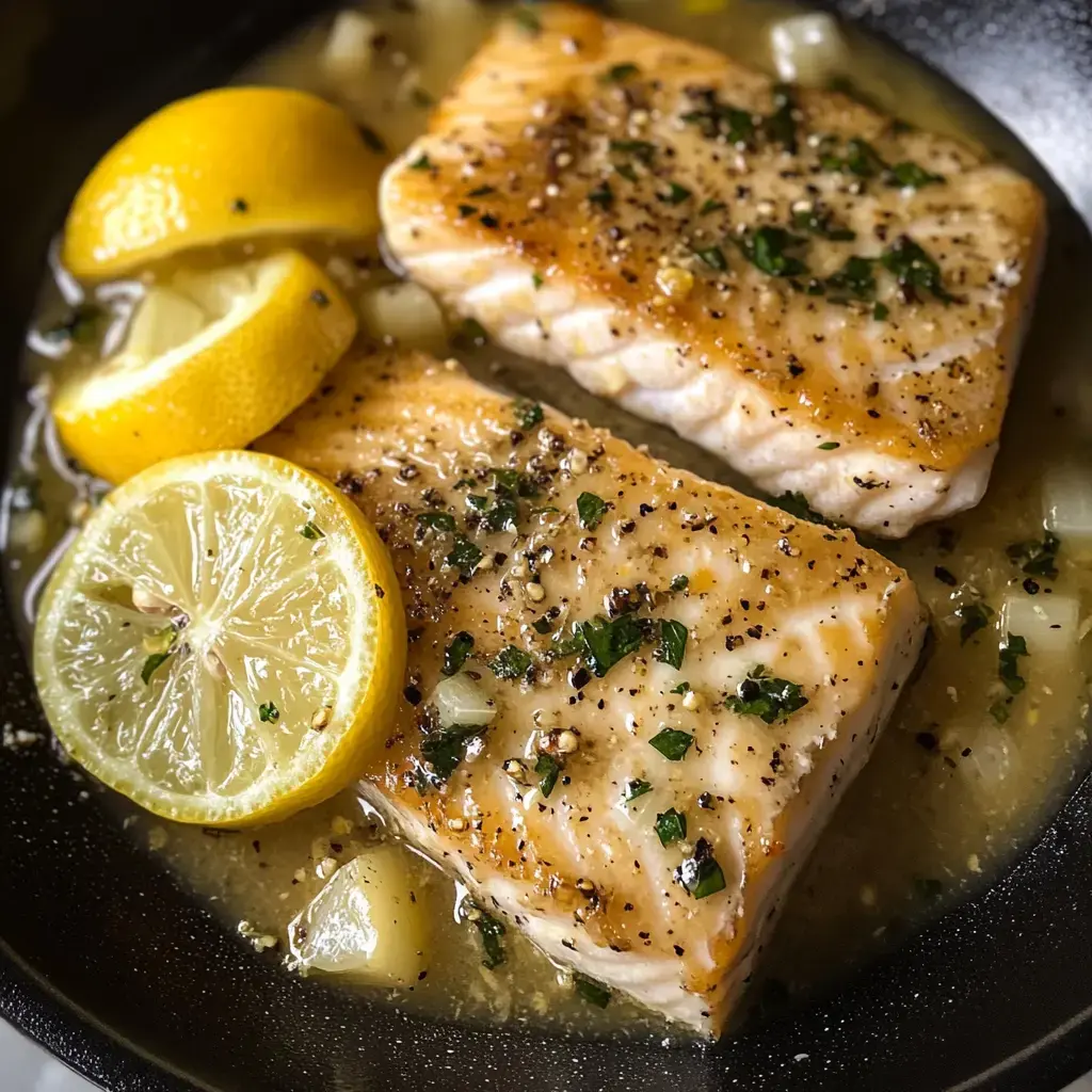 Two pieces of cooked salmon are garnished with herbs and served with lemon slices in a flavorful broth.