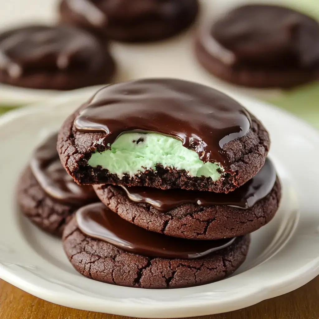 A stack of chocolate cookies with a mint green filling, topped with glossy chocolate frosting, with one cookie partially bitten to reveal the filling.