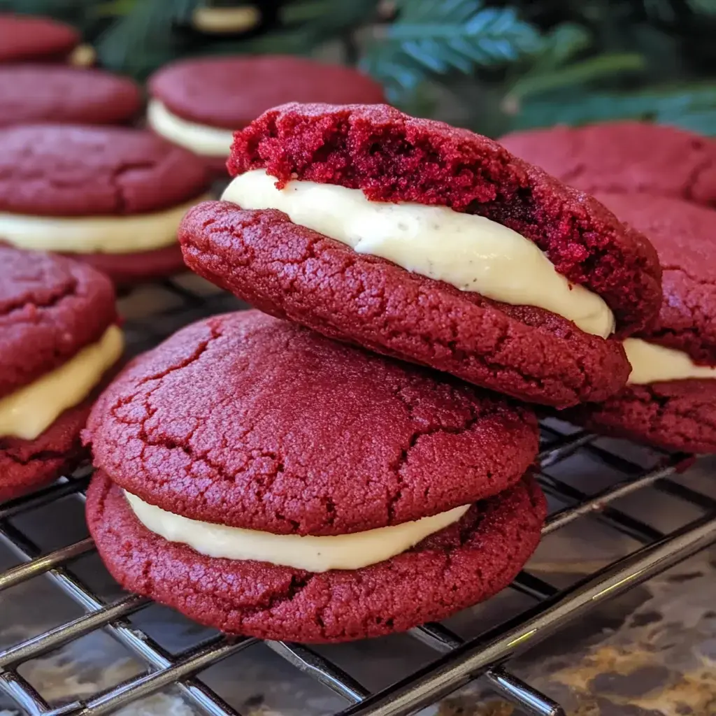 A close-up of red velvet cookies filled with cream, displayed on a cooling rack with holiday-themed greenery in the background.