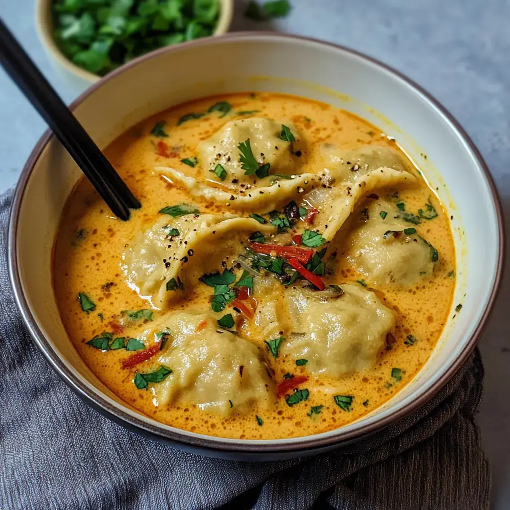 A bowl of creamy dumpling soup garnished with cilantro and slices of chili, with chopsticks resting on the rim.