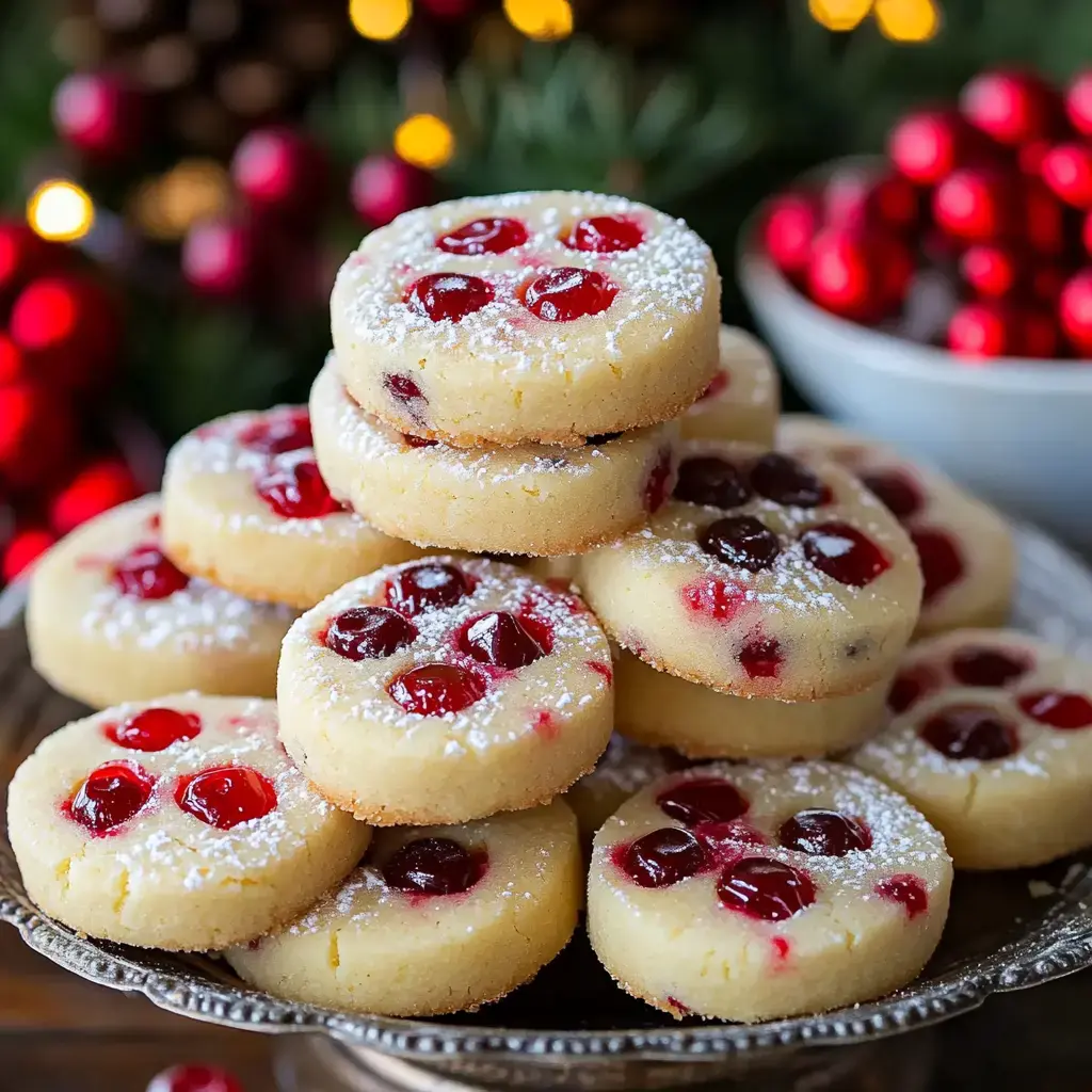 A decorative plate piled high with round cookies featuring red cherries on top, dusted with powdered sugar, set against a festive backdrop.