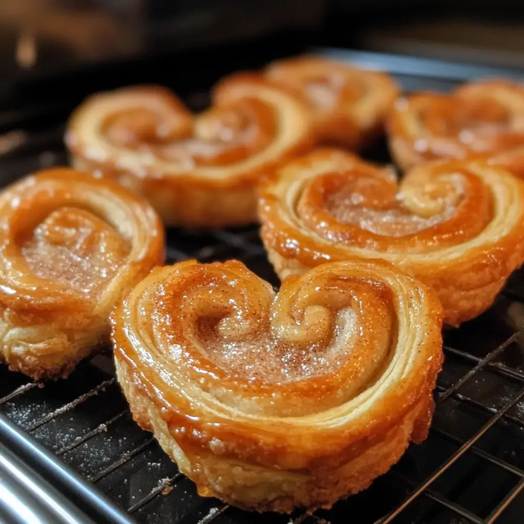 A close-up of freshly baked palmier pastries, arranged on a cooling rack, showcasing their golden, sugary surfaces and heart-like shapes.