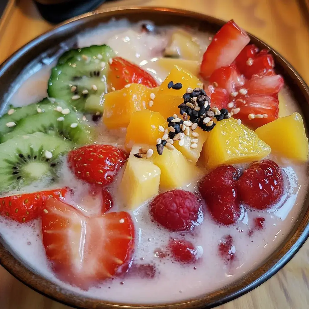 A colorful bowl of mixed fruits including kiwi, strawberries, mango, and raspberries in a creamy, pink liquid, topped with sesame seeds.