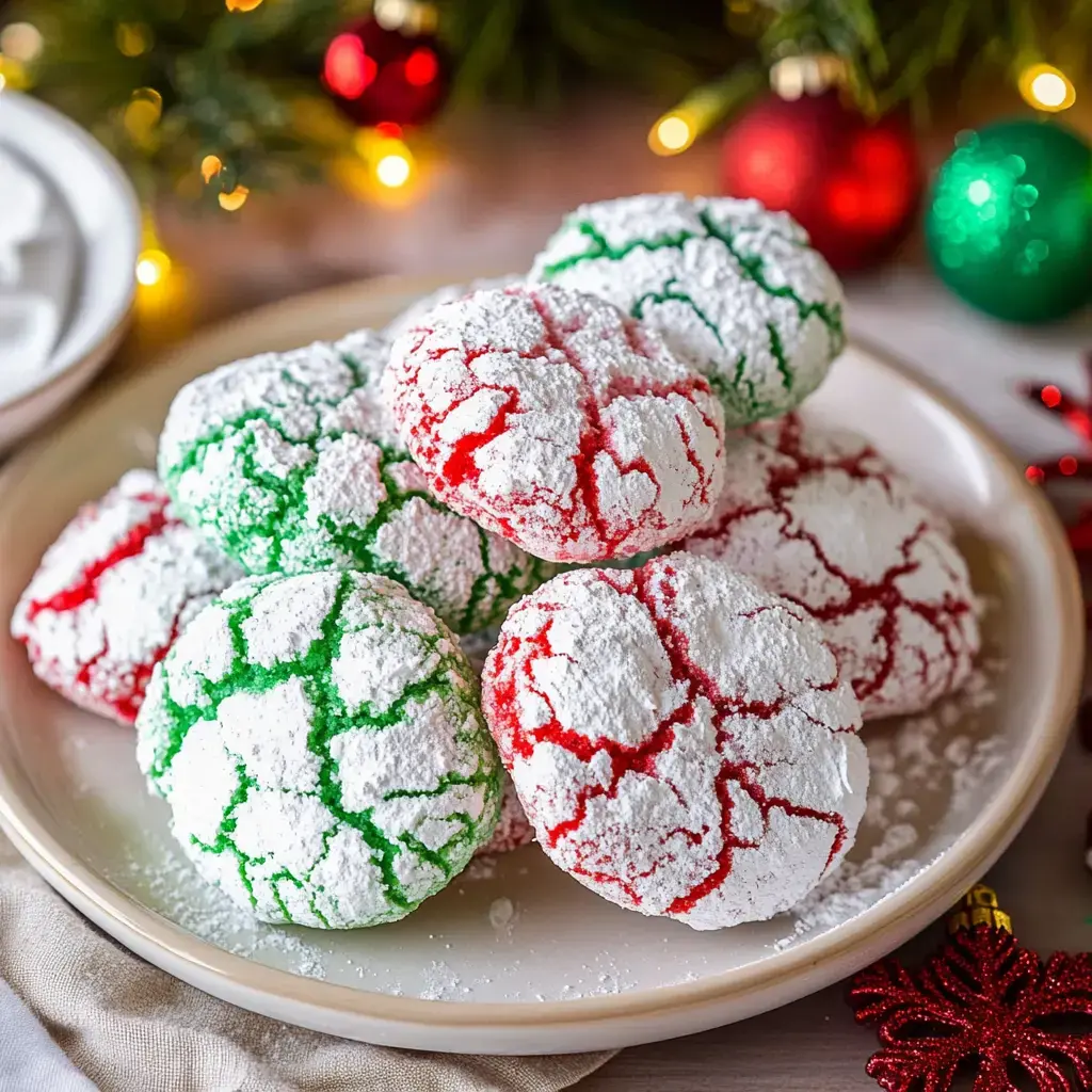 A plate of colorful green and red crinkle cookies dusted with powdered sugar, surrounded by festive decorations.