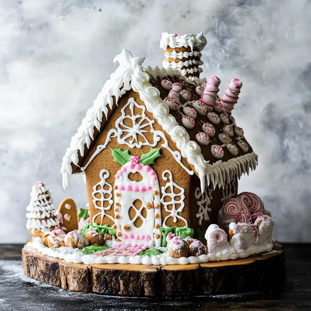 A beautifully decorated gingerbread house with white icing, candy accents, and a festive landscape of various sweets.