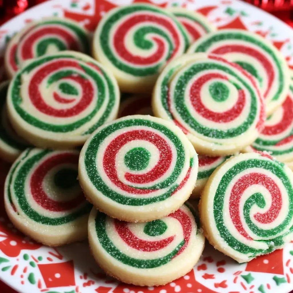 A plate of festive spiral cookies with red and green swirls is displayed.