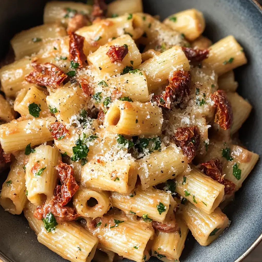 A bowl of creamy rigatoni pasta topped with sun-dried tomatoes, parsley, and grated cheese.