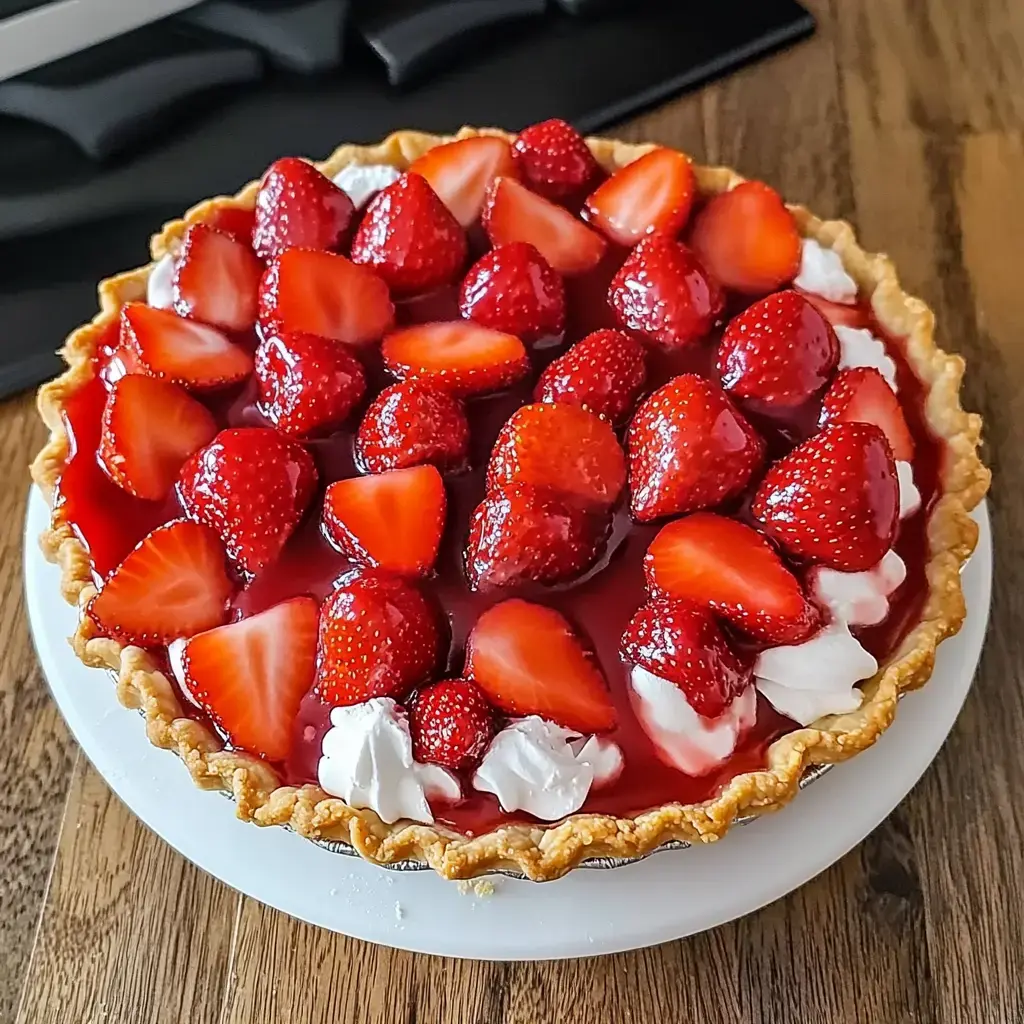 A strawberry pie topped with fresh strawberries and dollops of whipped cream on a wooden surface.