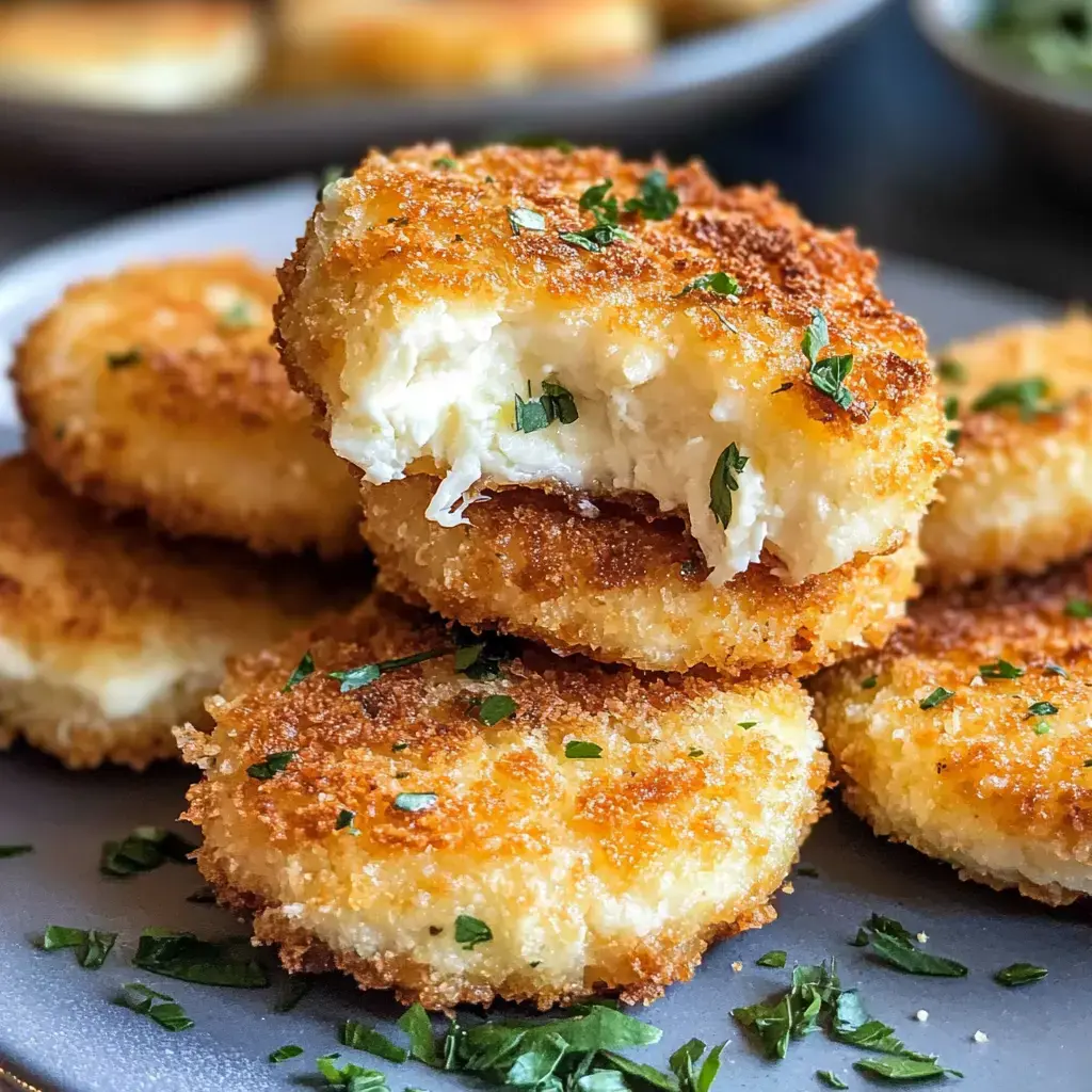 A stack of crispy, golden-brown breaded cheese patties, with one partially bitten to reveal the gooey cheese inside, garnished with chopped parsley on a gray plate.