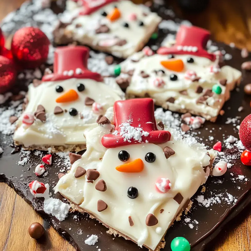 A festive dessert featuring snowman-shaped treats with white frosting, red hats, and decorated with chocolate chips, candy, and powdered sugar on a dark platter.