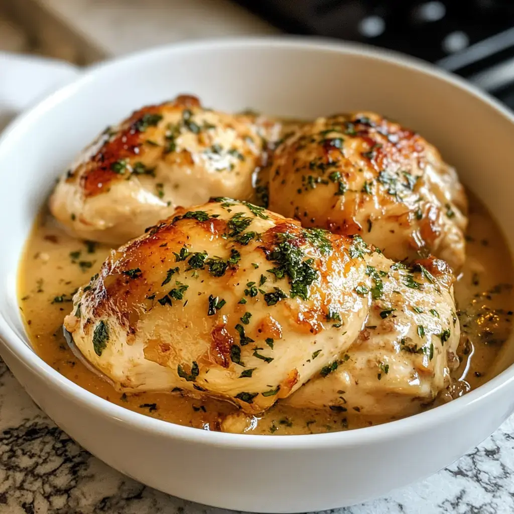 A bowl of succulent chicken breasts in a creamy sauce, garnished with fresh herbs.