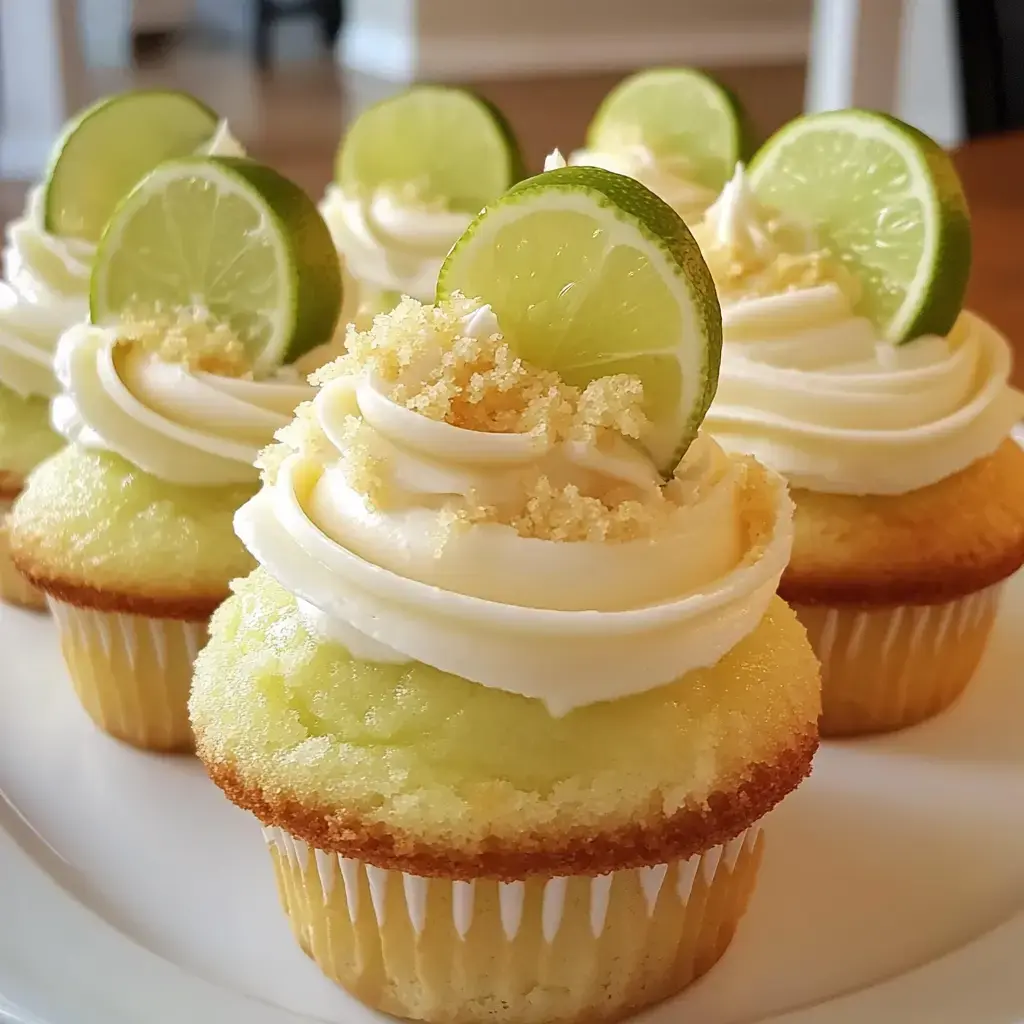 A plate of cupcakes topped with swirled white frosting, crushed graham crackers, and garnished with lime slices.