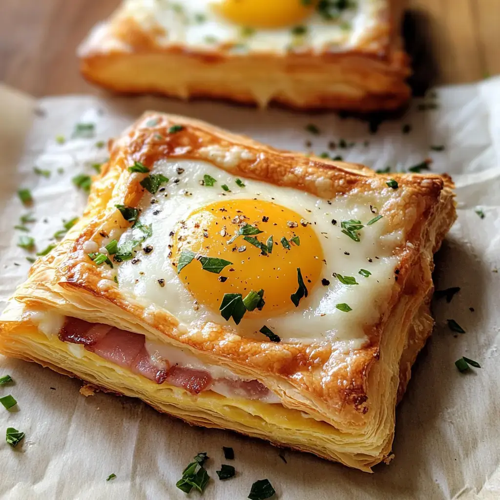 A deliciously flaky pastry topped with a sunny-side-up egg, ham, and garnished with chopped herbs.