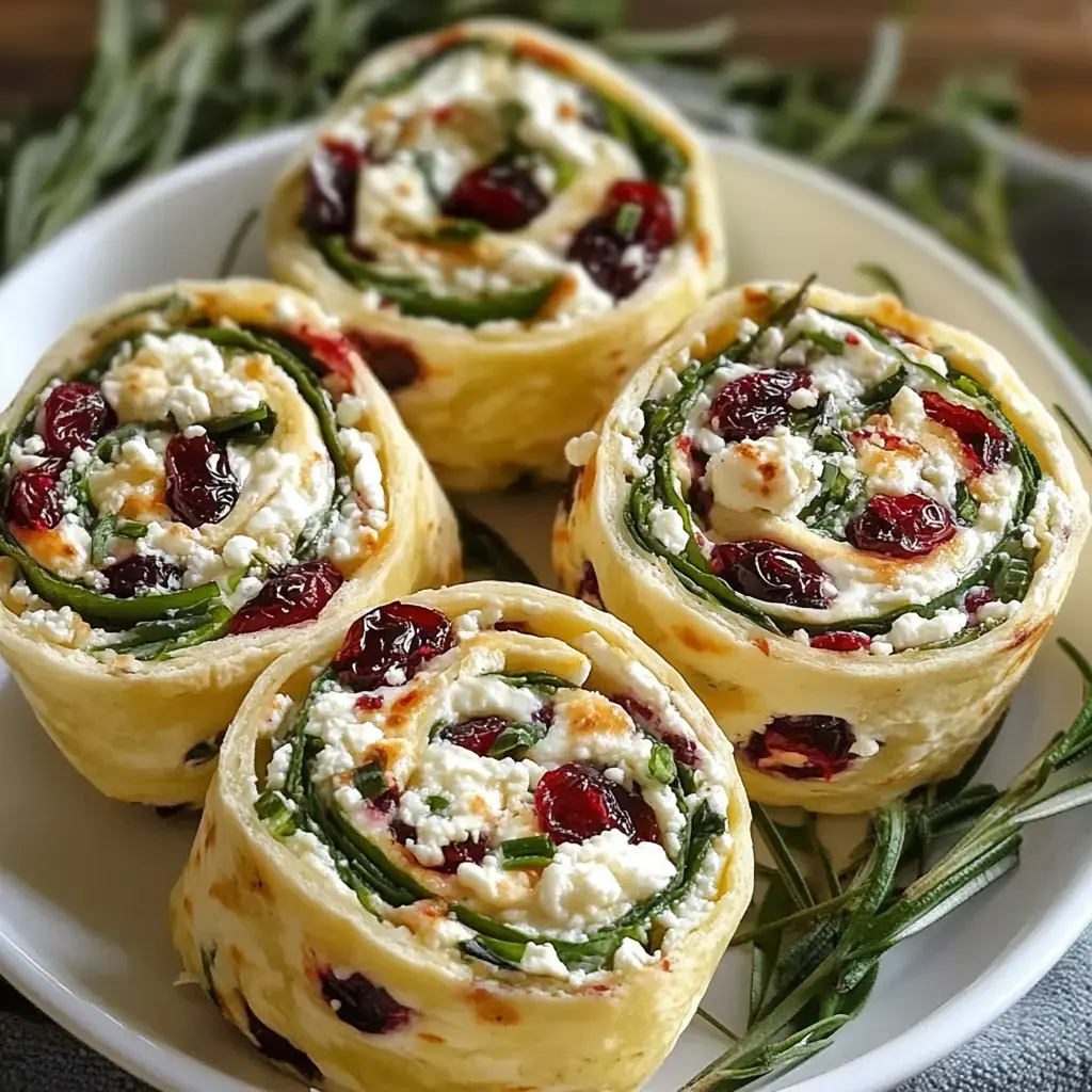 A plate of rolled wraps filled with cream cheese, greens, and dried cranberries, garnished with fresh herbs.