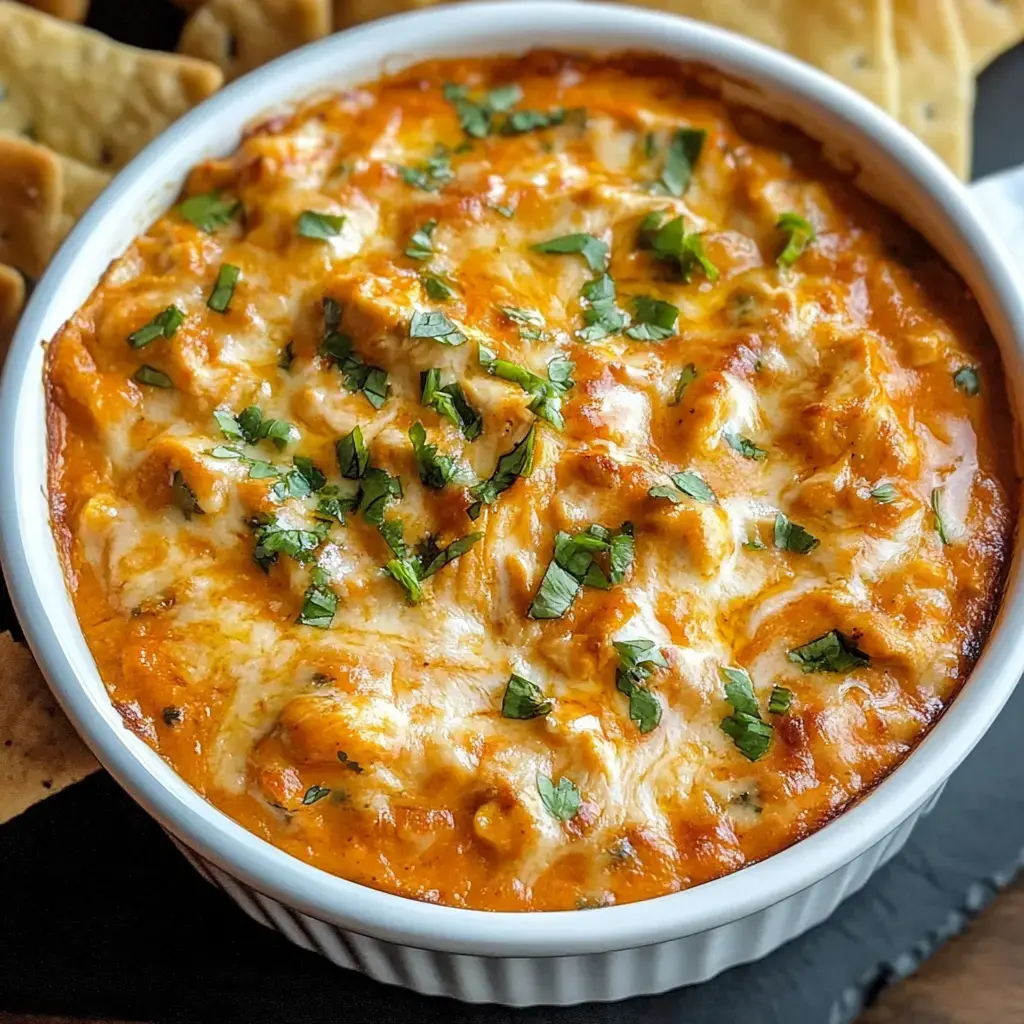 A creamy, baked dish topped with melted cheese and garnished with fresh cilantro, served alongside crispy crackers.