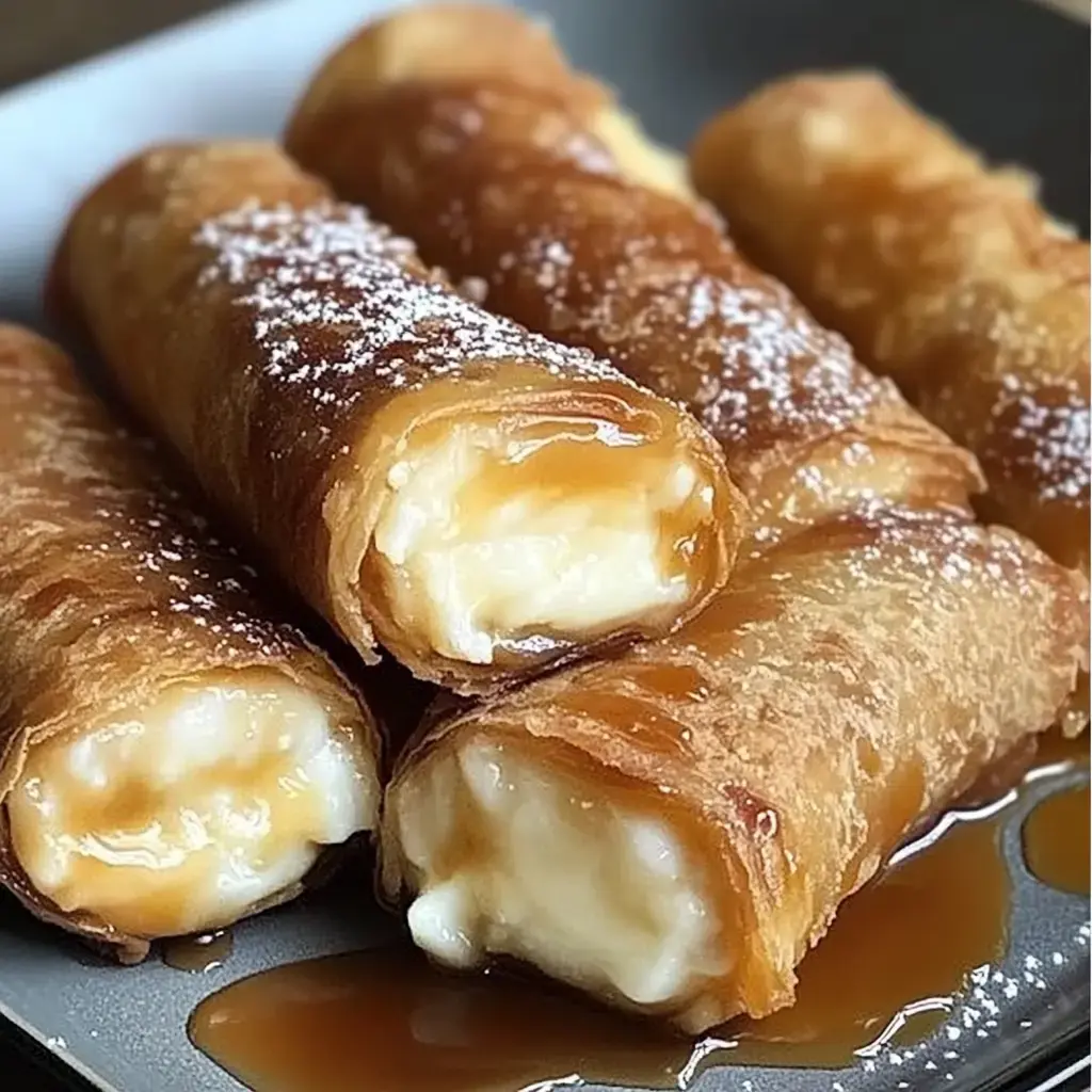 A plate of crispy rolled pastries filled with cream and drizzled with caramel sauce, dusted with powdered sugar.