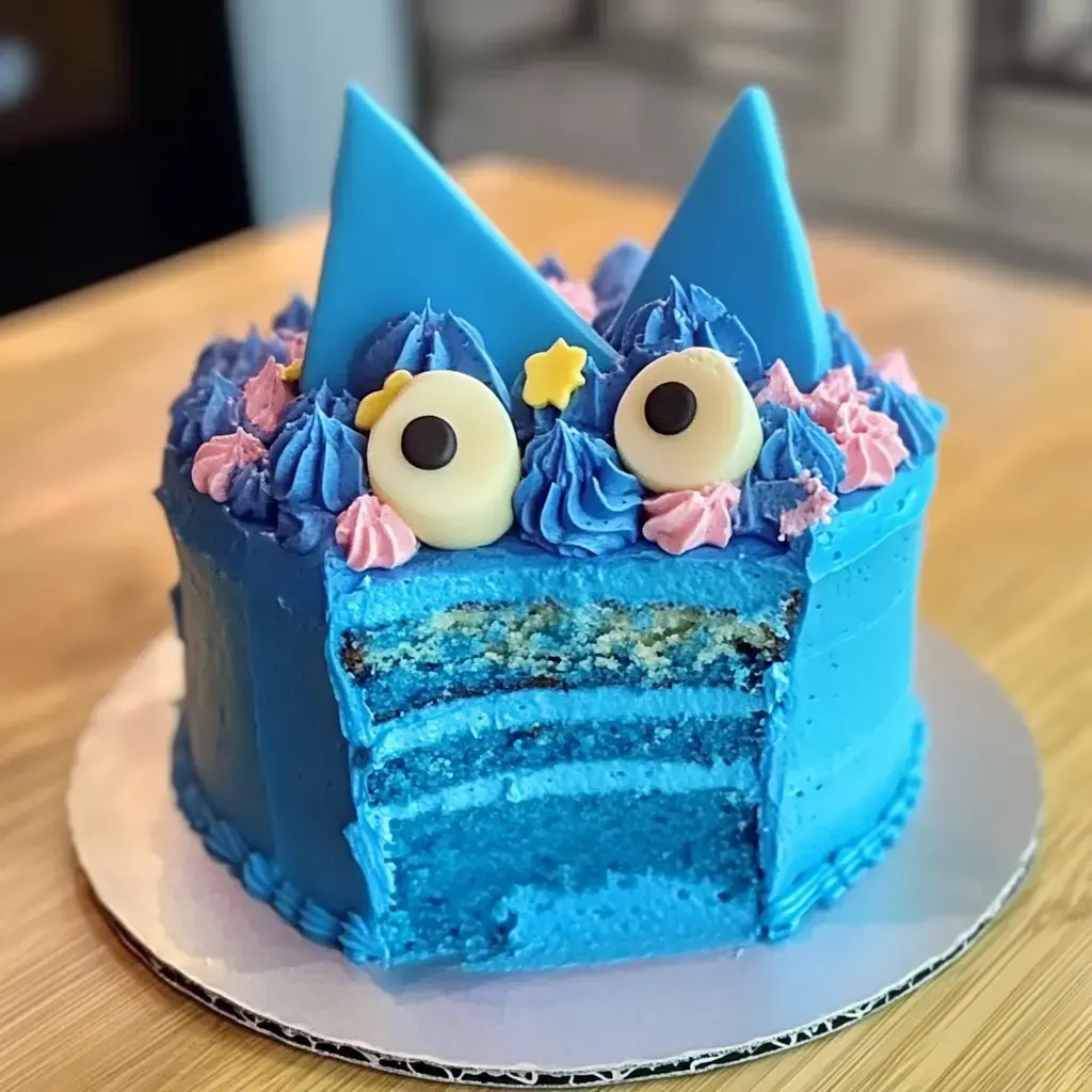 A brightly colored blue cake with decorative frosting, topped with triangular blue pieces, edible eyes, and pink swirls, showcasing layered blue cake inside.