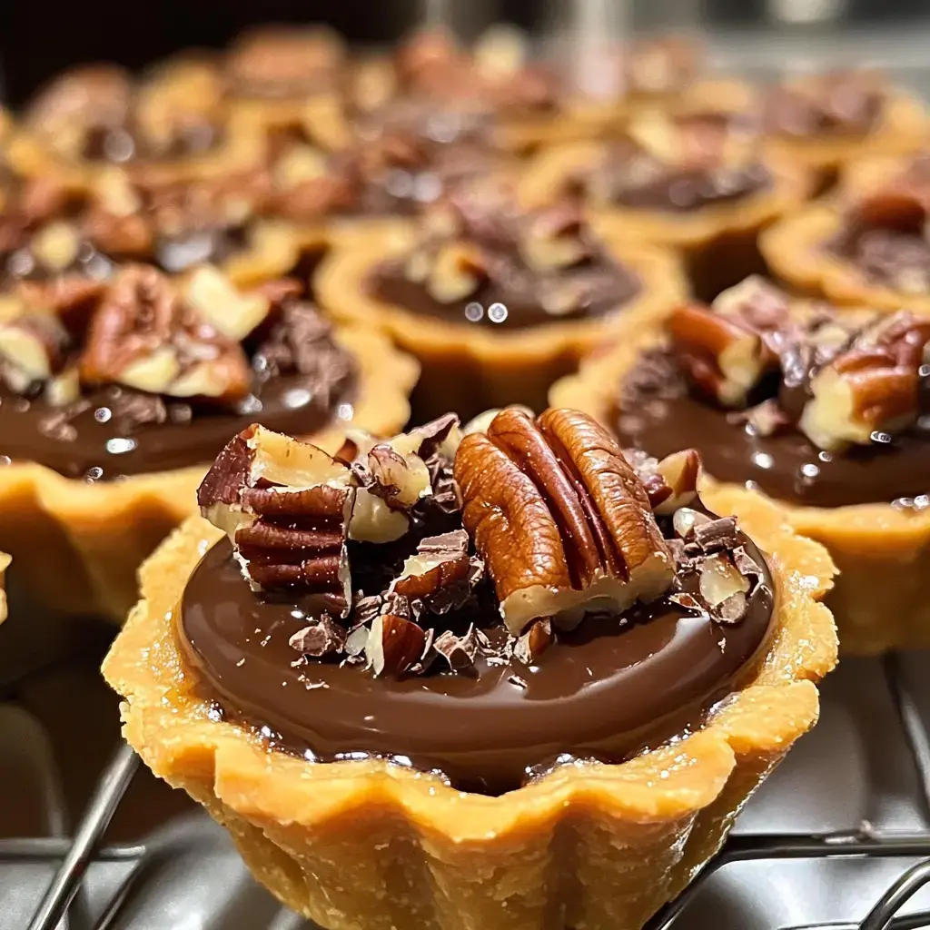 A close-up of chocolate tartlets topped with pecans and chocolate shavings, arranged on a wire rack.