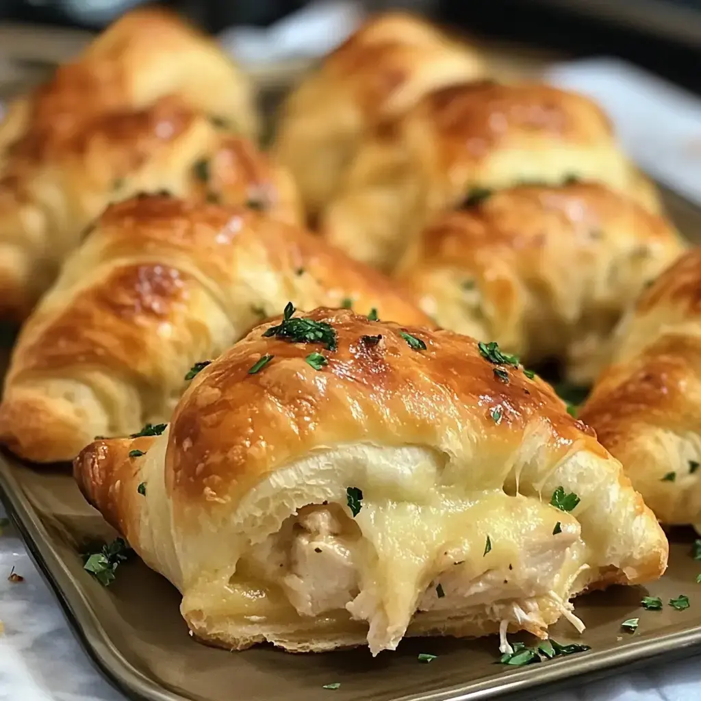 A close-up of golden-brown, flaky pastries filled with chicken and cheese, garnished with chopped parsley.