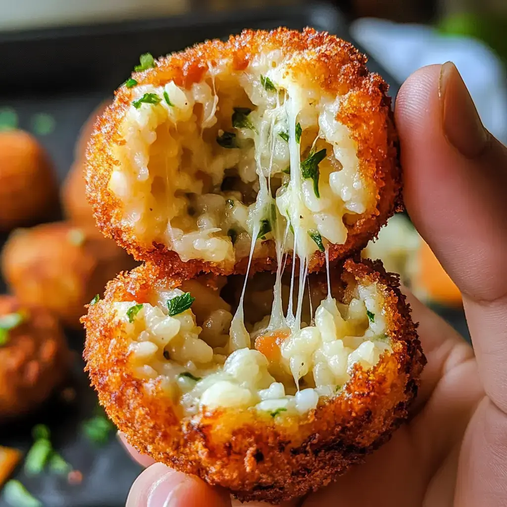 A hand holds a golden-brown, crispy croquette that has been cut in half, revealing a gooey, cheesy interior with bits of rice and herbs.