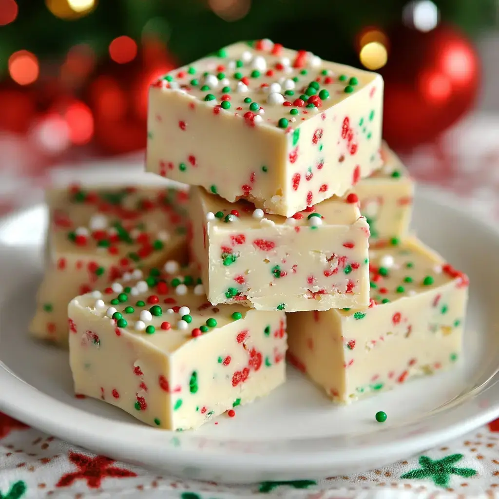 A plate of festive white chocolate fudge squares decorated with red and green sprinkles, arranged in a stack.