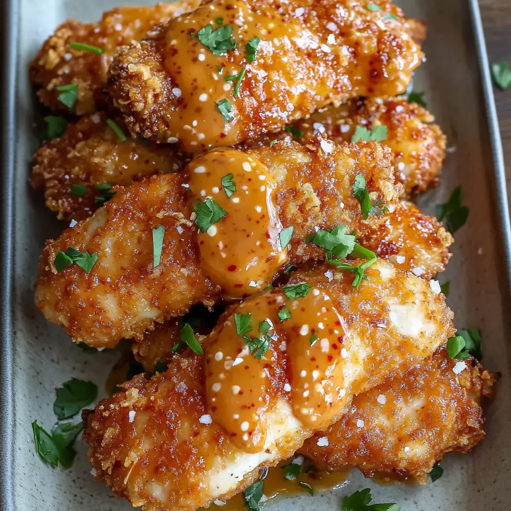 A plate of crispy fried chicken strips drizzled with a spicy sauce and garnished with fresh herbs.