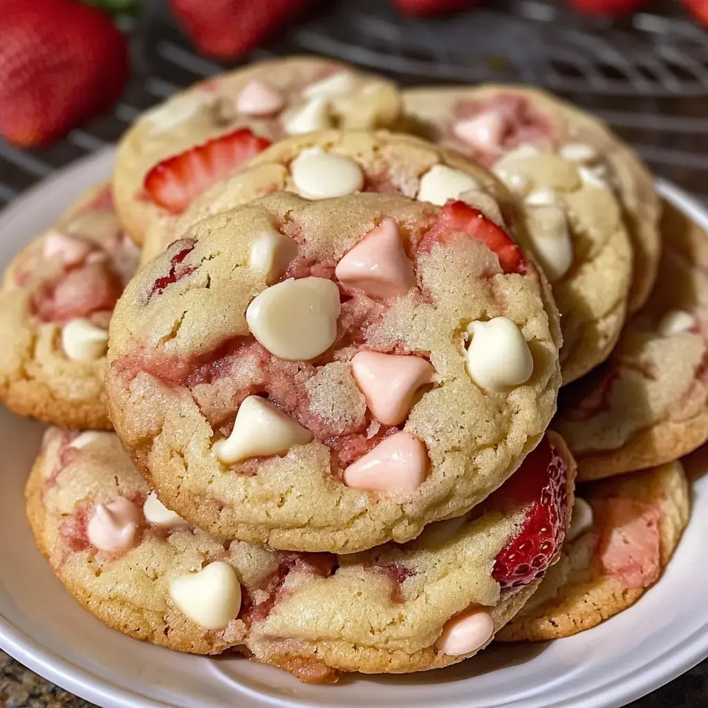 A close-up of a plate stacked with strawberry cookies featuring pink and white chocolate chips.