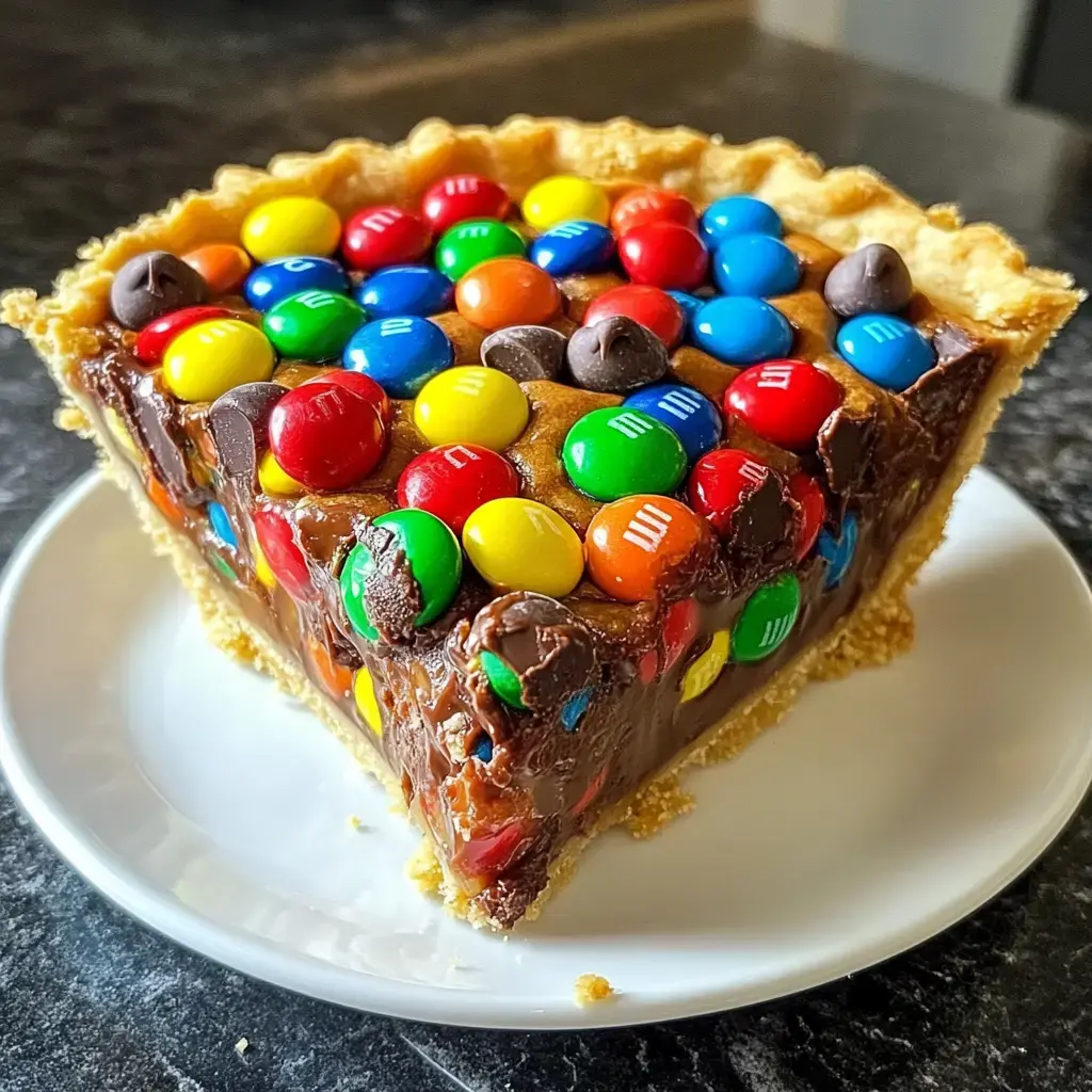 A slice of chocolate pie topped with colorful M&M's and chocolate chips on a white plate.