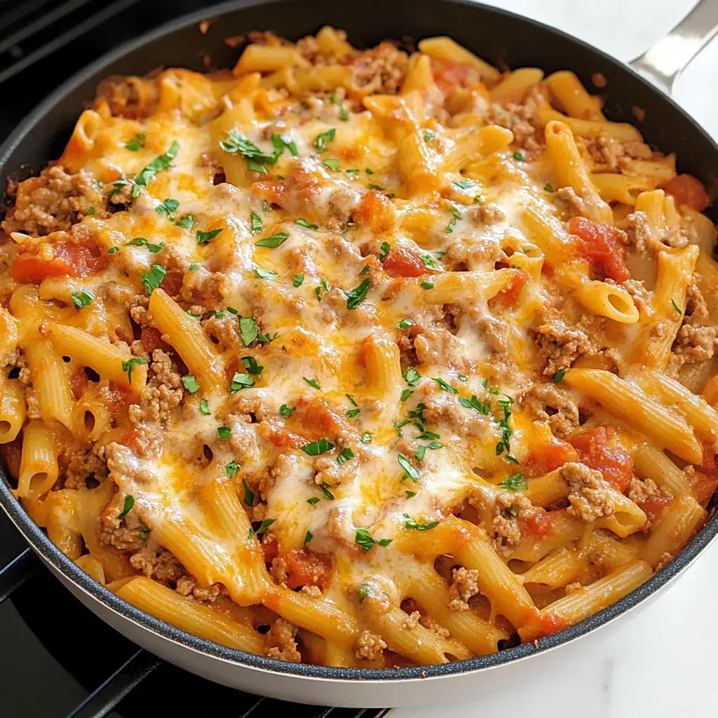 A skillet filled with baked penne pasta topped with melted cheese, ground meat, tomato sauce, and garnished with fresh parsley.