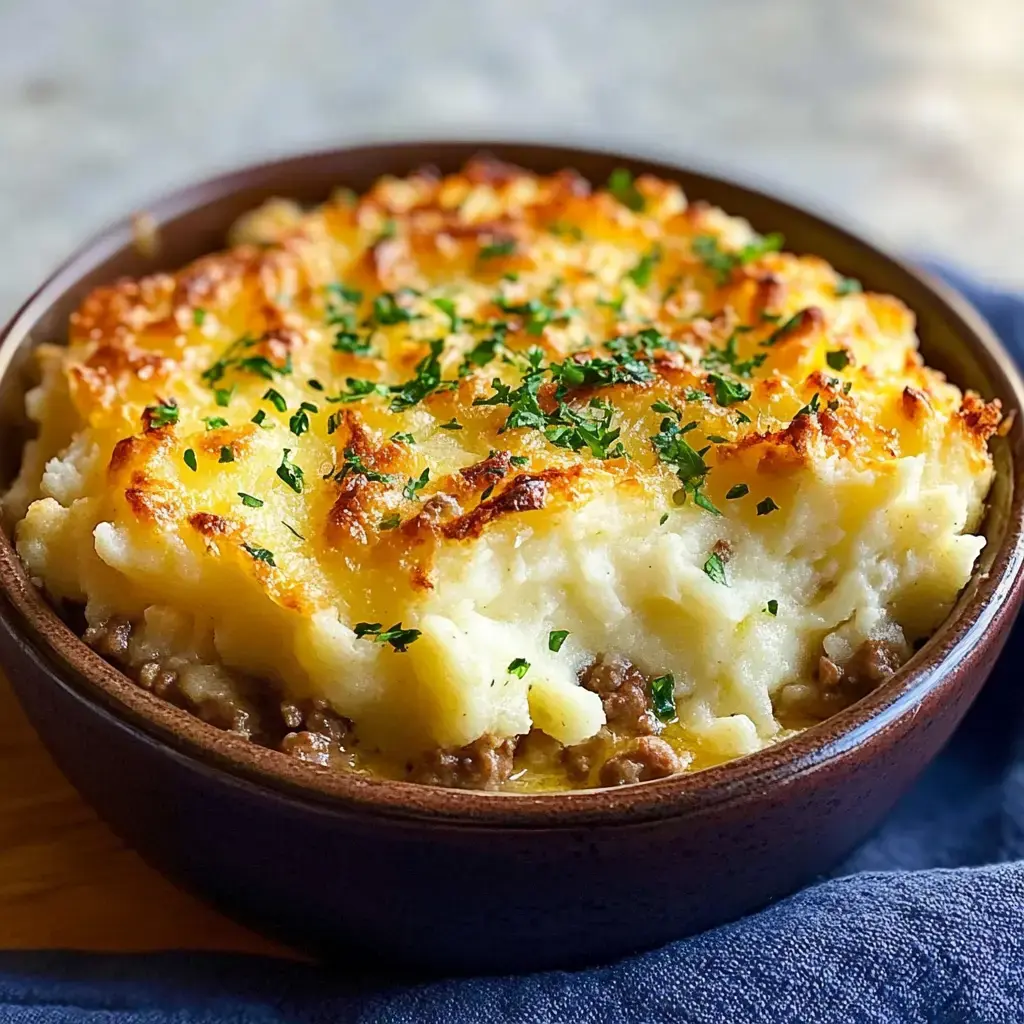 A serving of shepherd's pie with a golden, crispy mashed potato topping and finely chopped parsley on top.