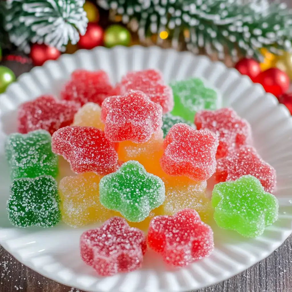 A white plate filled with colorful, star-shaped gummy candies dusted with sugar, surrounded by festive decorations.