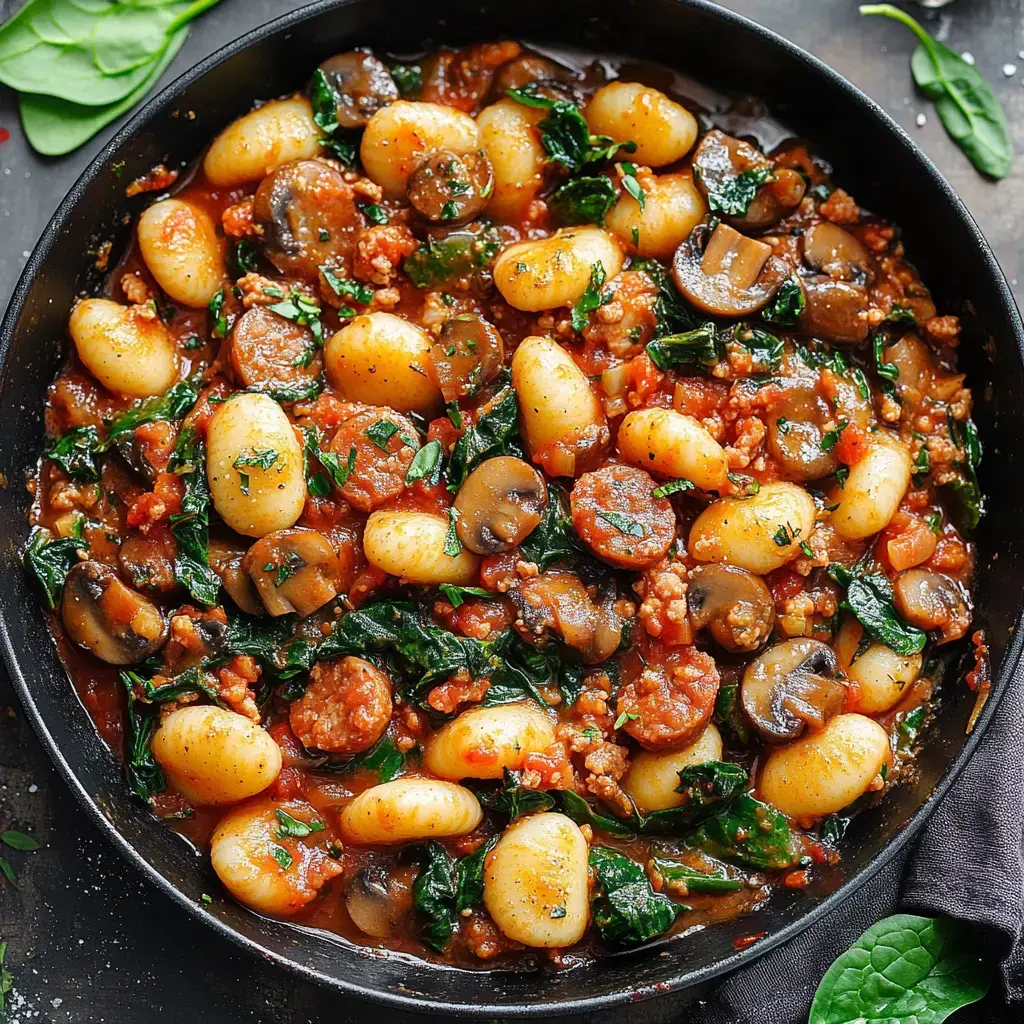 A skillet filled with gnocchi, sautéed spinach, mushrooms, and ground meat in a rich tomato sauce, garnished with fresh herbs.