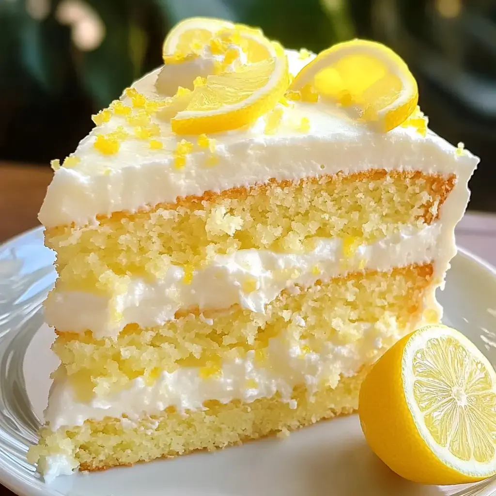 A slice of lemon cake is topped with lemon slices and yellow sprinkles, placed on a plate next to a half lemon.