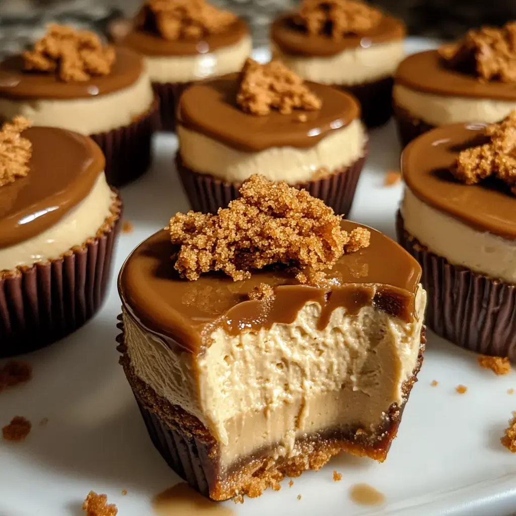 A close-up of several small, layered desserts topped with chocolate ganache and cookie crumble, with one dessert shown with a bite taken out.