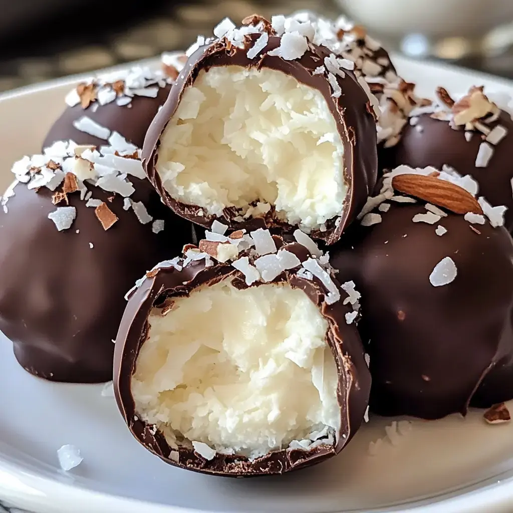 A close-up of chocolate-covered truffles with a creamy white filling, some sprinkled with coconut flakes and almonds.