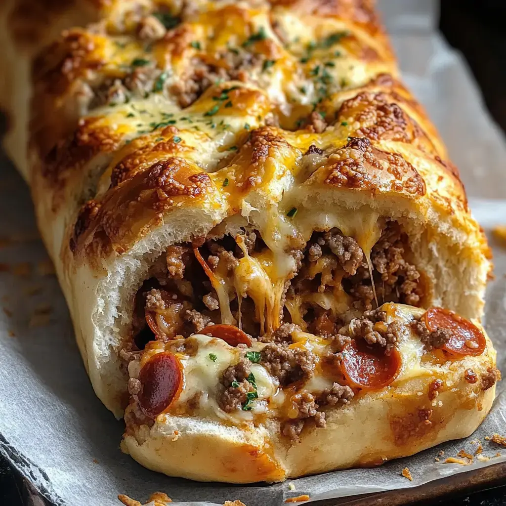 A deliciously baked bread roll filled with seasoned ground meat, pepperoni, and melted cheese, garnished with herbs.