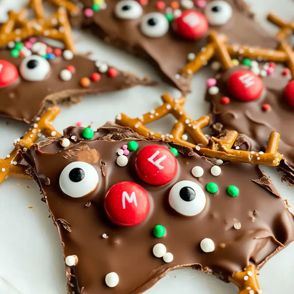 A close-up of dessert pieces shaped like reindeer, decorated with chocolate, pretzels, and colorful candy eyes and buttons.