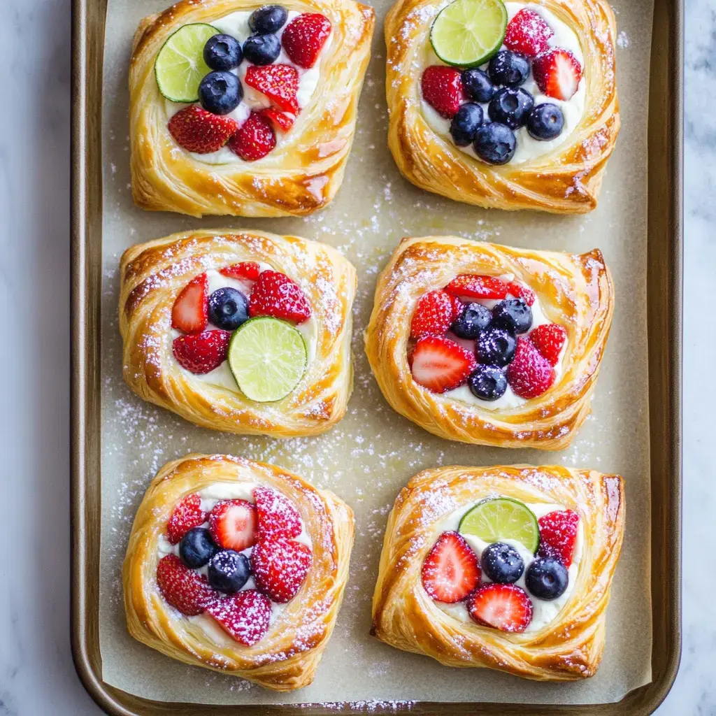 A baking tray filled with six pastry desserts topped with cream, fresh berries, and lime slices, dusted with powdered sugar.