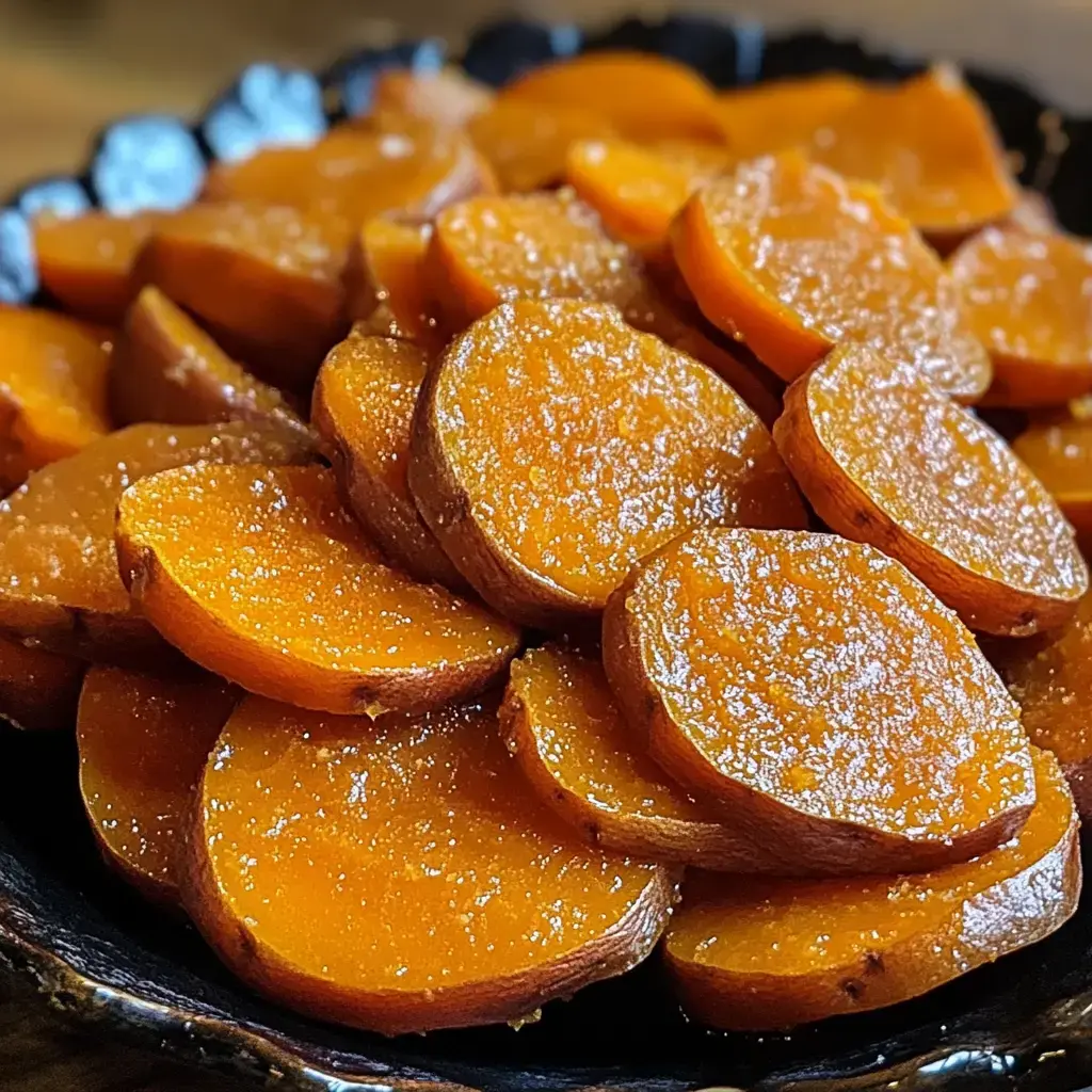 A close-up image of a dish featuring glossy, sliced sweet potatoes arranged in a black bowl.