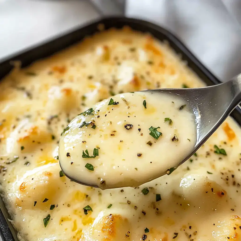 A spoonful of creamy cheese sauce with herbs and baked potato pieces is lifted from a dish.