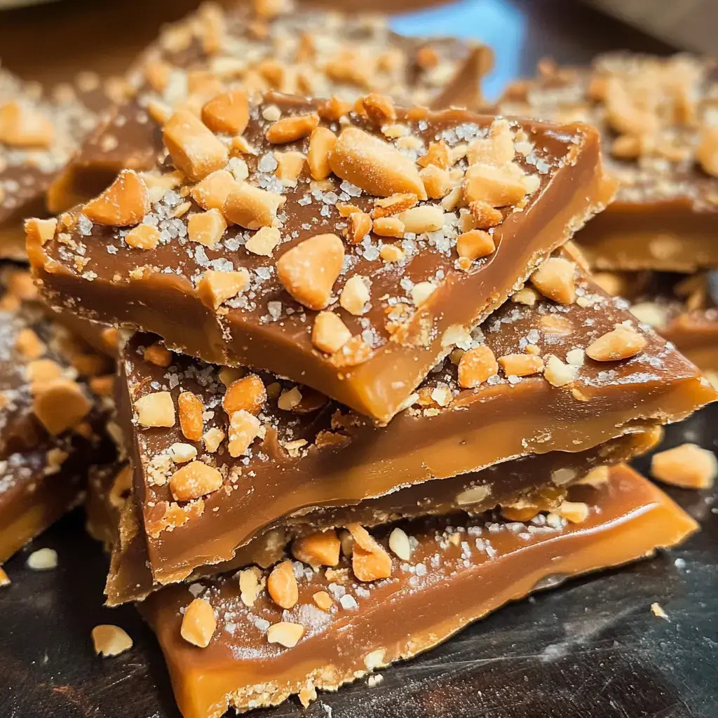 A stack of chocolate-covered toffee squares topped with chopped peanuts and coarse salt.