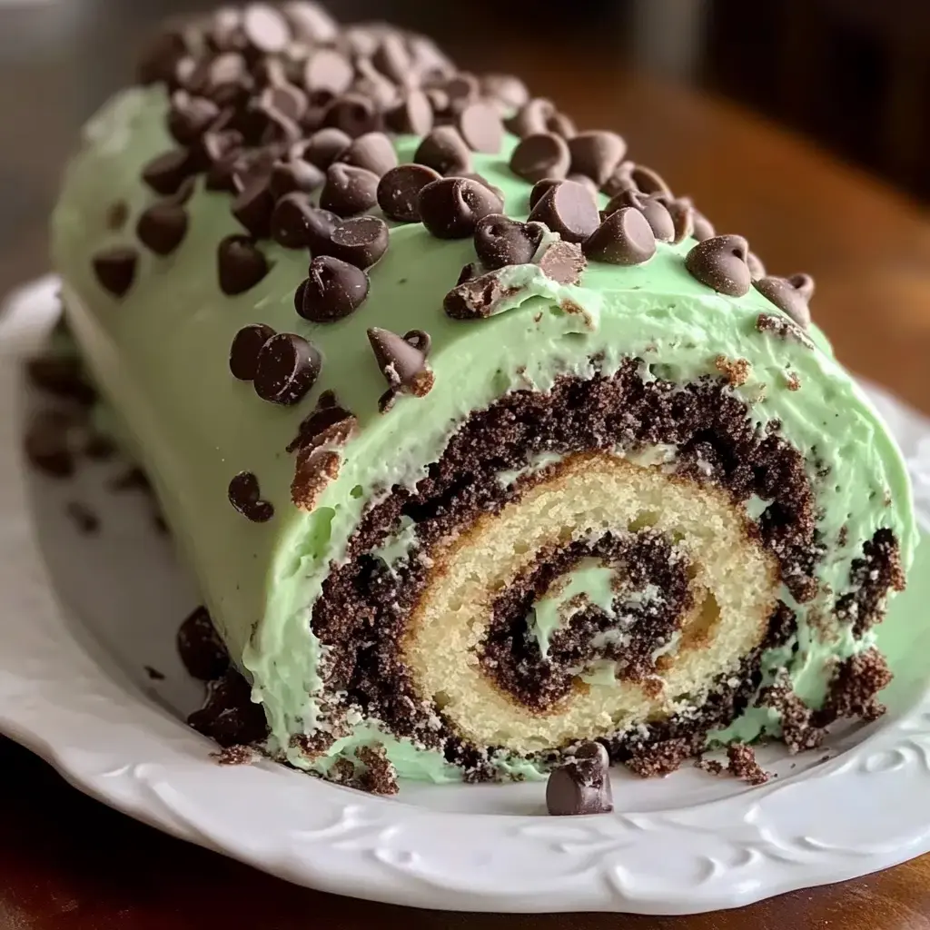 A sliced roll cake featuring a creamy mint frosting and chocolate chips on top, showcasing a swirl of chocolate and vanilla cake inside.