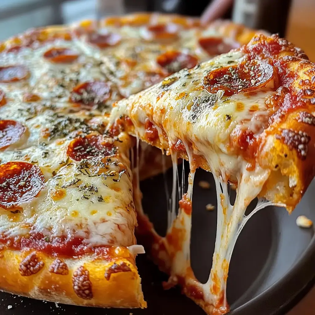 A close-up of a pepperoni pizza with melted cheese and herbs, showing a slice being lifted and stretching cheese.