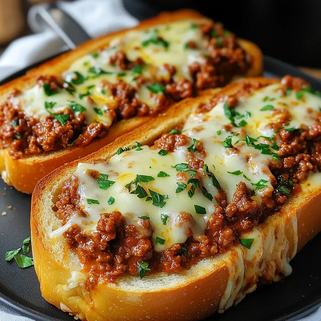 Two slices of toasted bread topped with seasoned meat sauce, melted cheese, and fresh parsley, served on a dark plate.