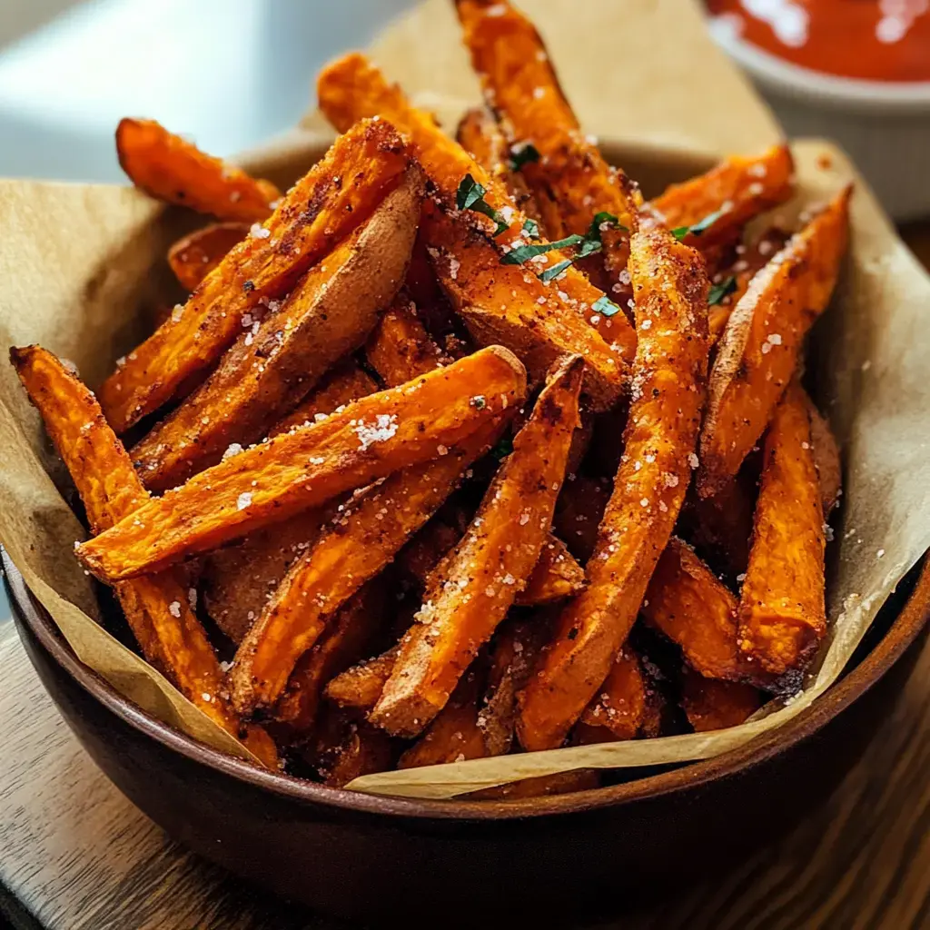 A wooden bowl filled with golden-brown sweet potato fries, garnished with salt and herbs, sits on a table beside a small dish of dipping sauce.