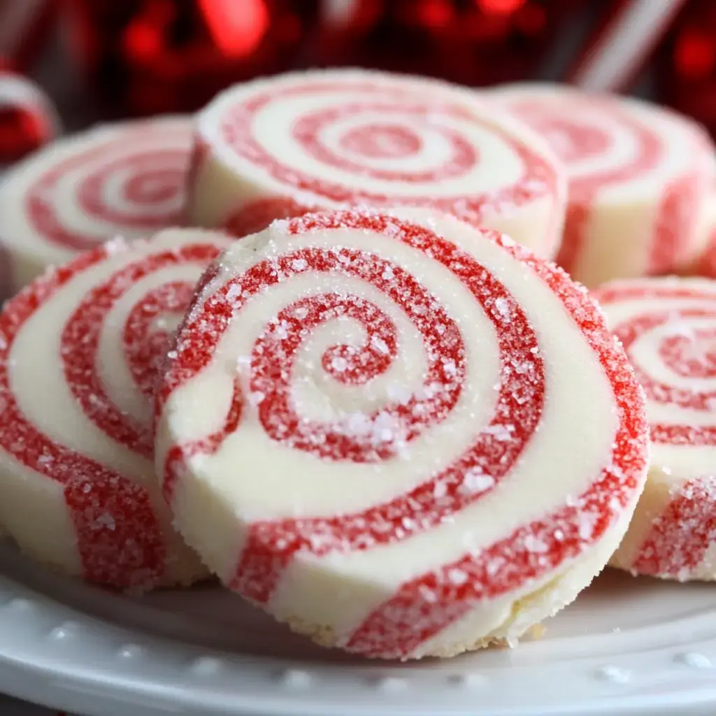 A close-up of decorative peppermint swirled cookies with red and white stripes, coated in sugar, sitting on a white plate.