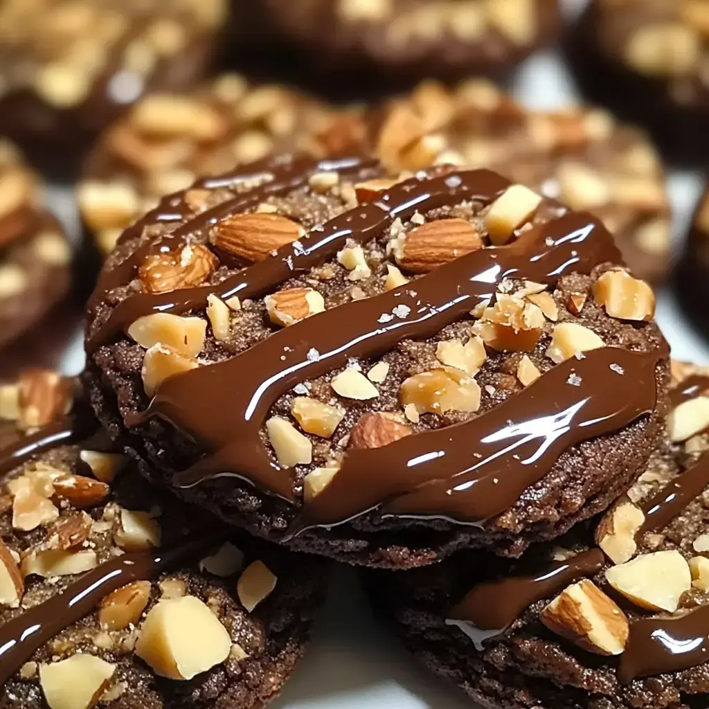 A close-up of chocolate cookies topped with chopped nuts and drizzled with melted chocolate.