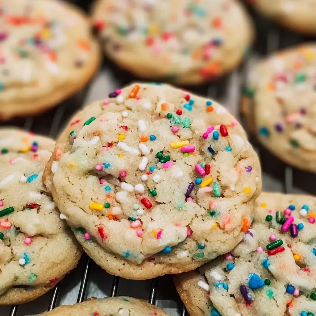 A close-up of freshly baked cookies topped with colorful rainbow sprinkles.